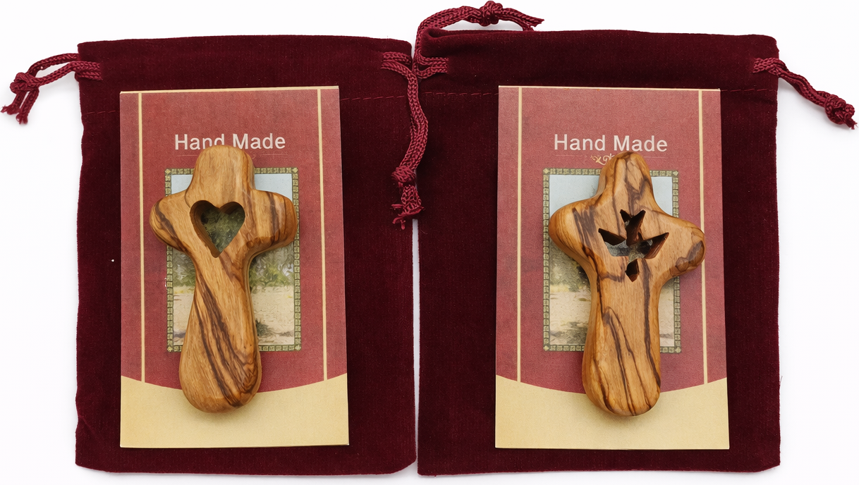 Set of 2 Handmade Olive Wood Crosses from Bethlehem – Heart and Dove Cutout Holy Land Christian Crosses with Velvet Pouches, 2.4 x 1.4 Inches