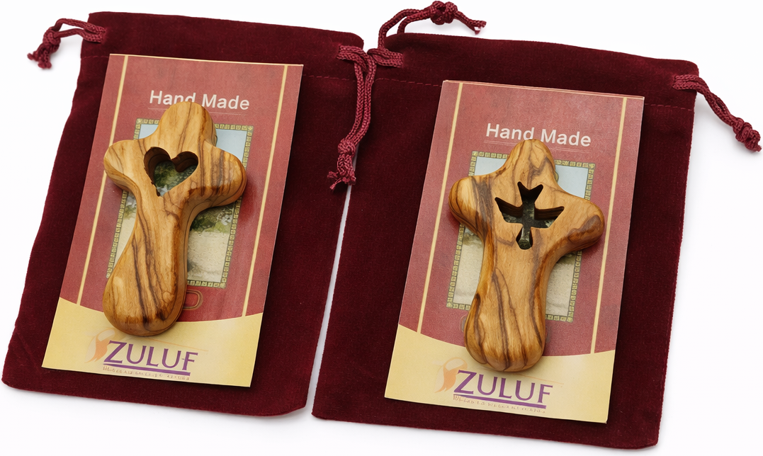 Set of 2 Handmade Olive Wood Crosses from Bethlehem – Heart and Dove Cutout Holy Land Christian Crosses with Velvet Pouches, 2.4 x 1.4 Inches