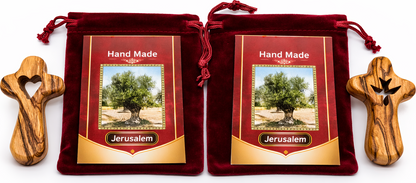 Set of 2 Handmade Olive Wood Crosses from Bethlehem – Heart and Dove Cutout Holy Land Christian Crosses with Velvet Pouches, 2.4 x 1.4 Inches