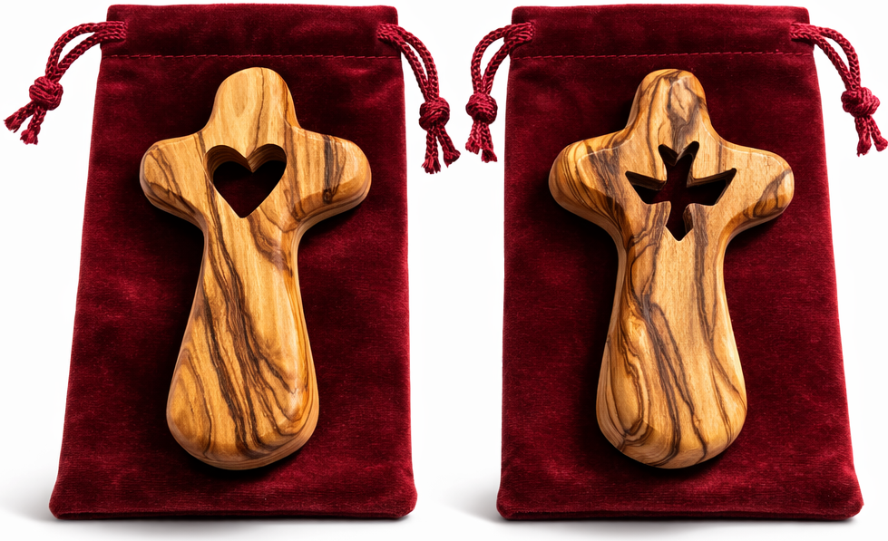 Set of 2 Handmade Olive Wood Crosses from Bethlehem – Heart and Dove Cutout Holy Land Christian Crosses with Velvet Pouches, 2.4 x 1.4 Inches