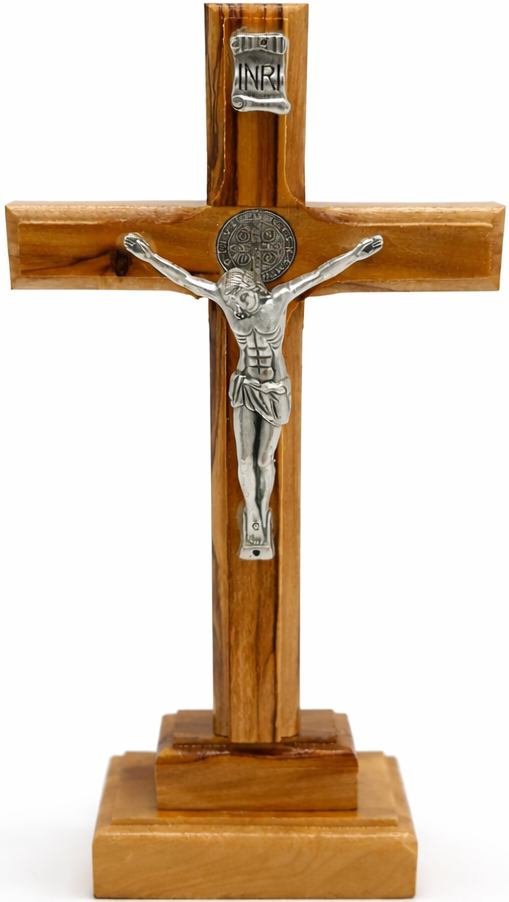 Handmade Olive Wood Saint Benedict Crucifix from Bethlehem – Catholic Standing Cross with - Additional View 5