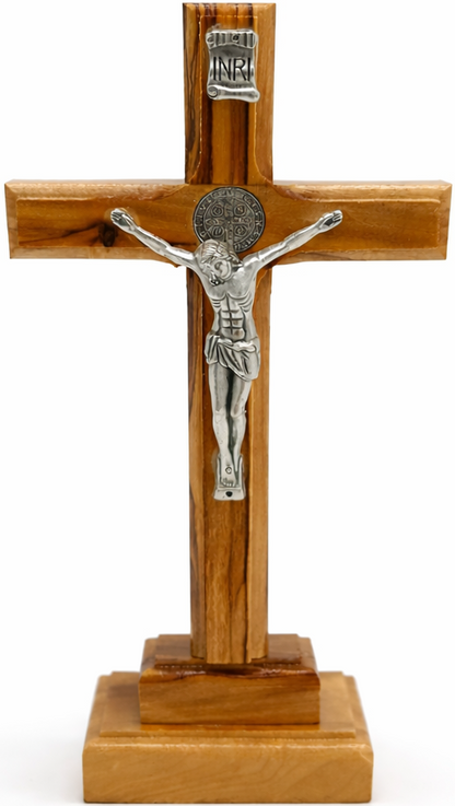 Handmade Olive Wood Saint Benedict Crucifix from Bethlehem – Catholic Standing Cross with - Additional View 5