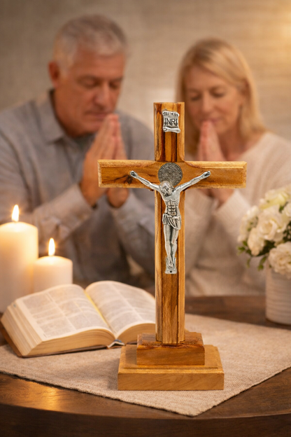 Handmade Olive Wood Saint Benedict Crucifix from Bethlehem – Catholic Standing Cross with - Additional View 15