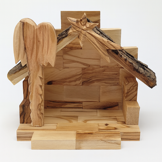 Hand-Carved Olive Wood Nativity Set with Bark Roof from Bethlehem