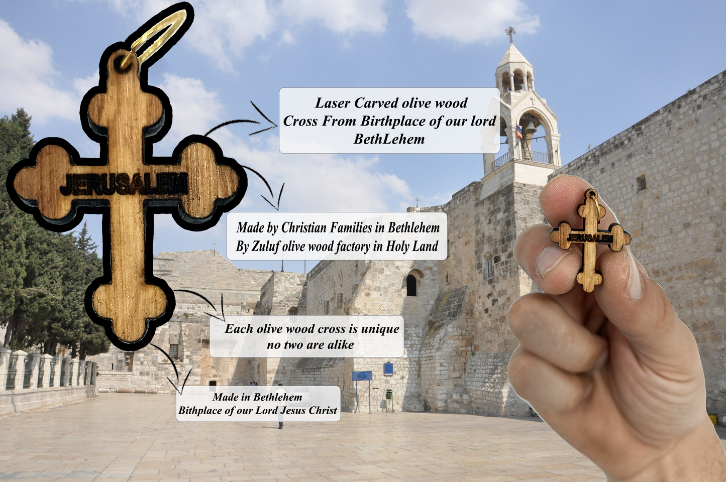 Engraved Jerusalem Wooden Cross Pendant – 1.25" x 0.98" Trefoil Faith Charm with Holy - Additional View 4