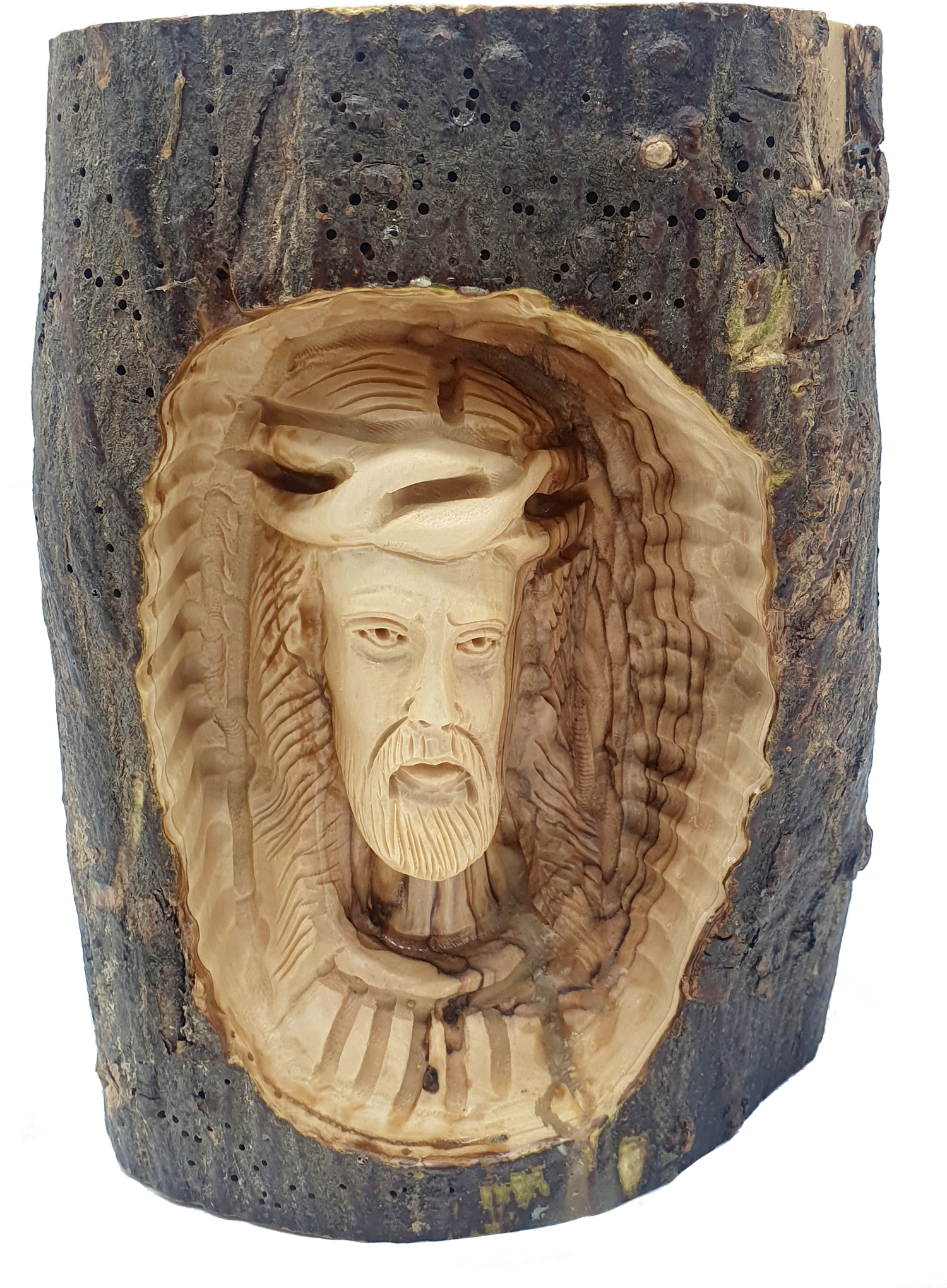 Hand-Carved Jesus Head Olive Wood Branch Religious