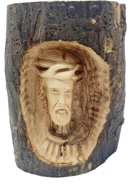 Hand-Carved Jesus Head Olive Wood Branch Religious