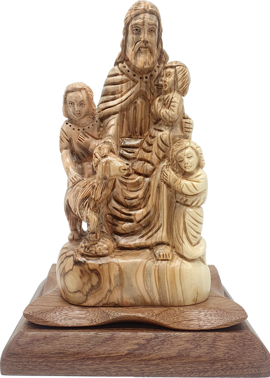 Olive Wood Jesus and Children Statue Handcrafted i