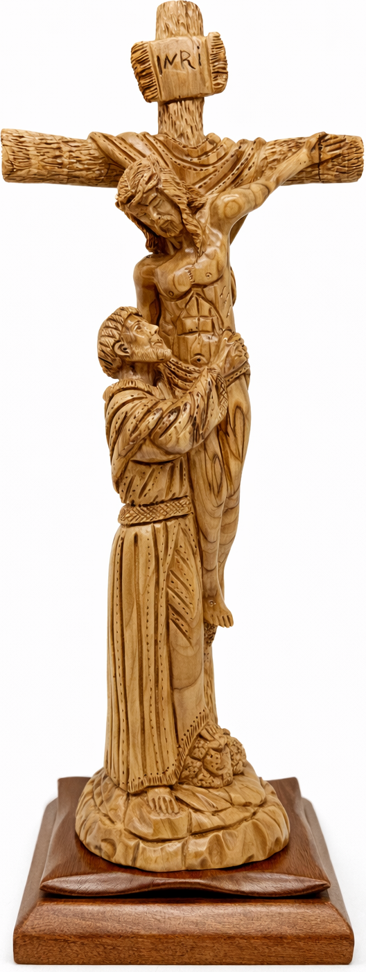 Hand-Carved Olive Wood Crucifix with Saint Figure 