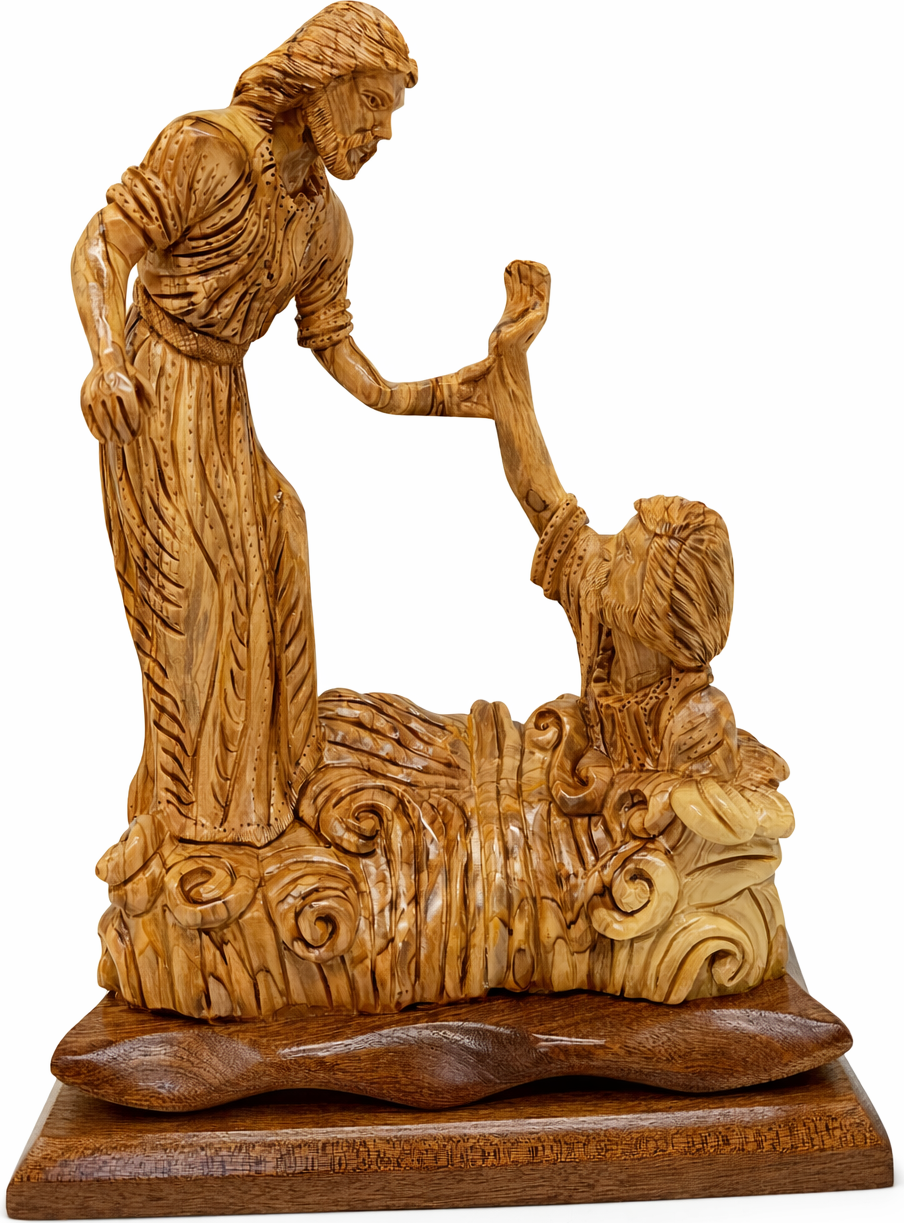 Hand Carved Olive Wood Jesus Saves Peter Statue | 