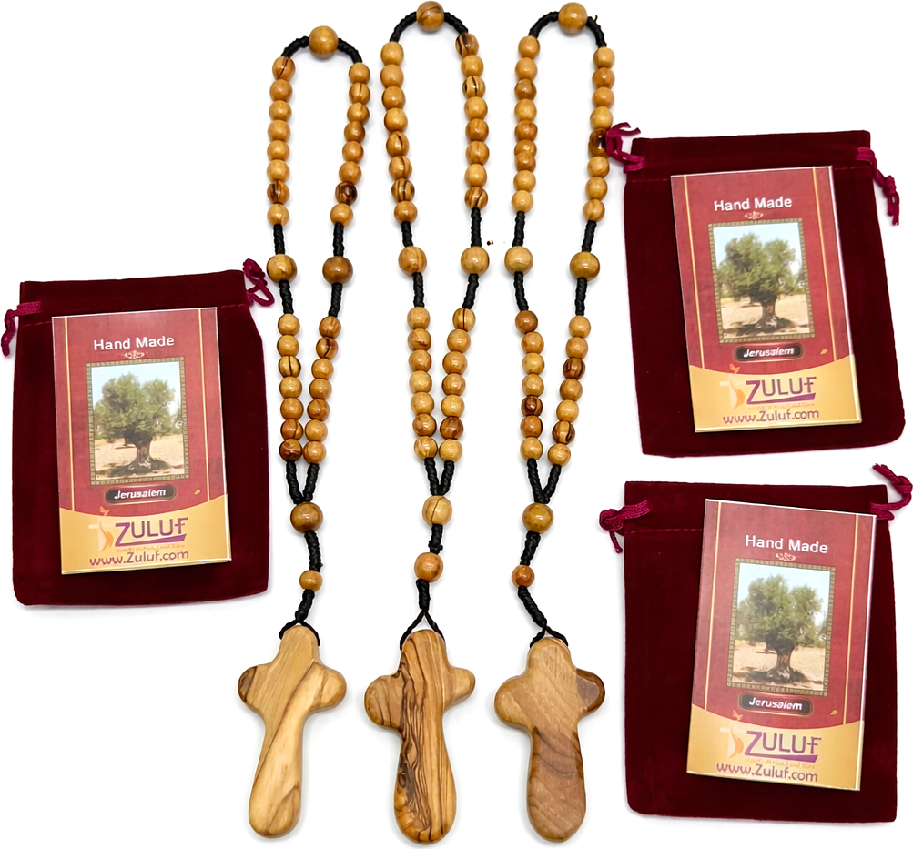 Olive Wood Rosary Handmade in Bethlehem – 11” Catholic Wooden Rosary with 33 Beads – Available as 1 Piece or Set of 3 – Includes Velvet Bag & Certificate – Holy Land Gift