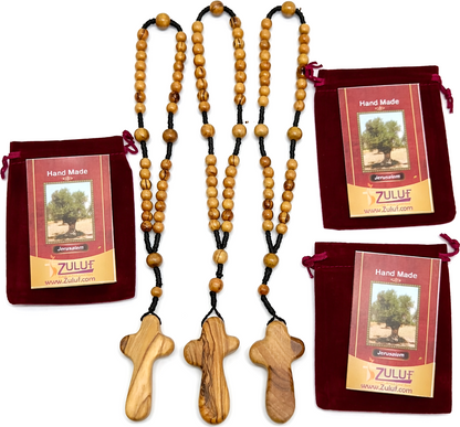 Olive Wood Rosary Handmade in Bethlehem – 11” Catholic Wooden Rosary with 33 Beads – Available as 1 Piece or Set of 3 – Includes Velvet Bag & Certificate – Holy Land Gift