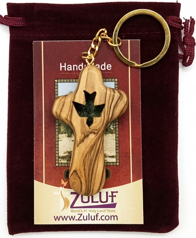 Olive Wood Cross Keychain with Dove from Bethlehem – Handmade Holy Land Key Ring with - Handmade in Bethlehem | Zuluf