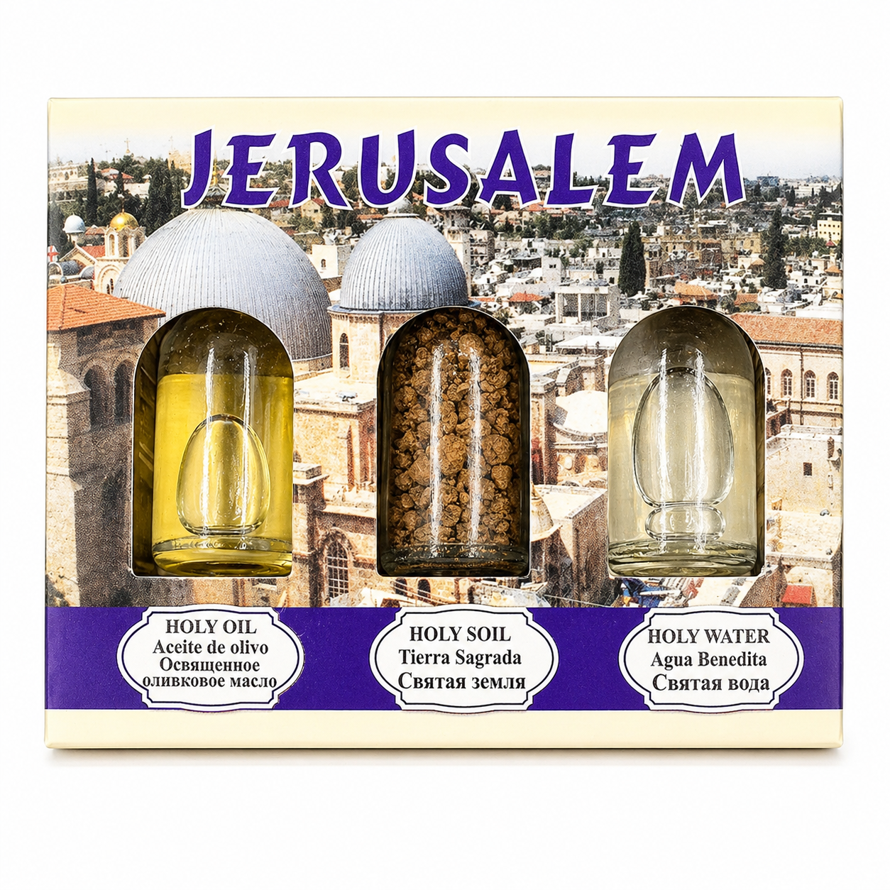 Jerusalem Holy Land 3-Piece Gift Set – Holy Oil, Holy Soil, Holy Water | Authentic Christian Pilgrim Souvenir