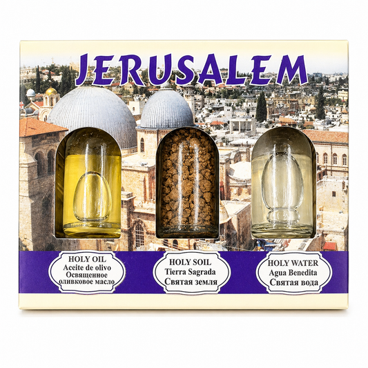Jerusalem Holy Land 3-Piece Gift Set – Holy Oil, Holy Soil, Holy Water | Authentic Christian Pilgrim Souvenir