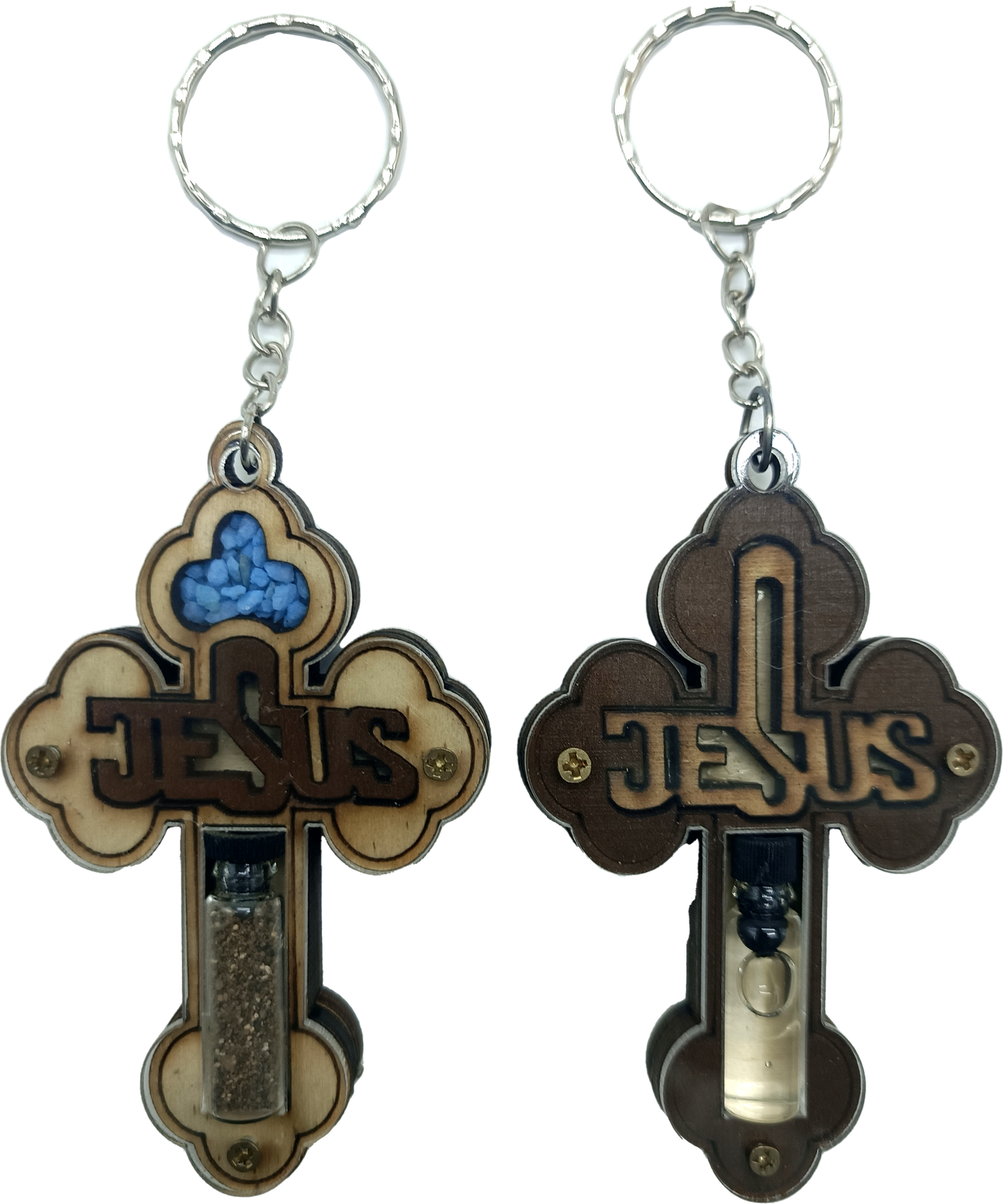 Set of 2 Holy Land Keychains – Wooden Cross with JESUS Design | Containing Holy Earth & Oil
