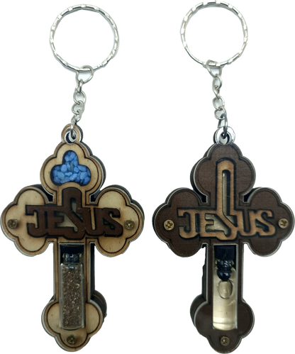 Set of 2 Holy Land Keychains – Wooden Cross with JESUS Design | Containing Holy Earth & Oil