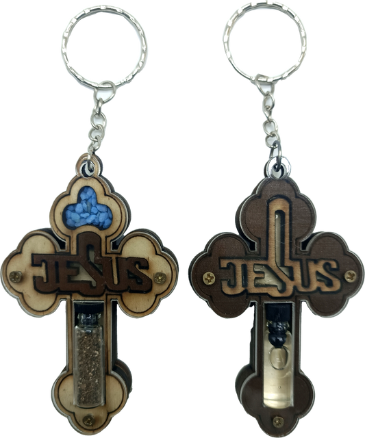 Set of 2 Holy Land Keychains – Wooden Cross with JESUS Design | Containing Holy Earth & Oil