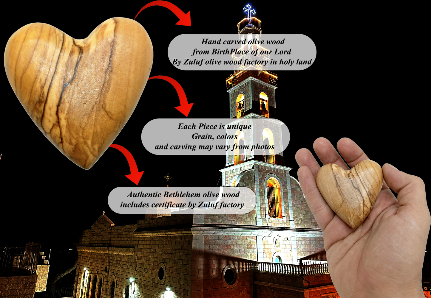Hand-Carved Olive Wood Heart 2.4 inch - Made in Bethlehem | Large Christian Wedding Keepsake