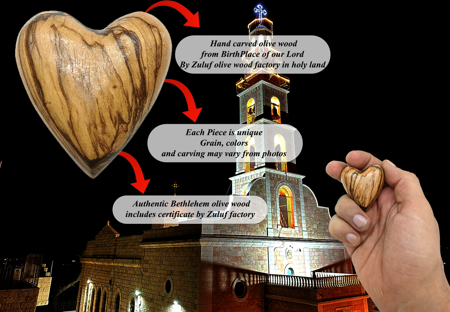 Hand-Carved Olive Wood Heart 1.7" – Made in Bethlehem | Christian Wedding Keepsake