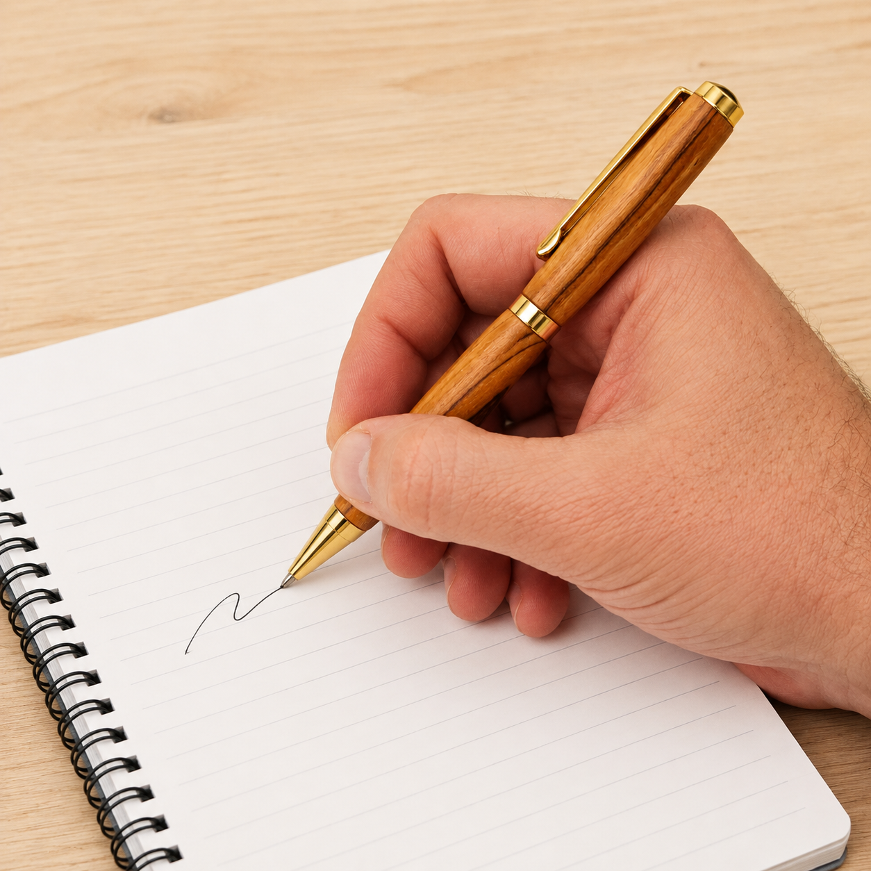 Hand writing with HLG601A Bethlehem olive wood black ink ballpoint pen