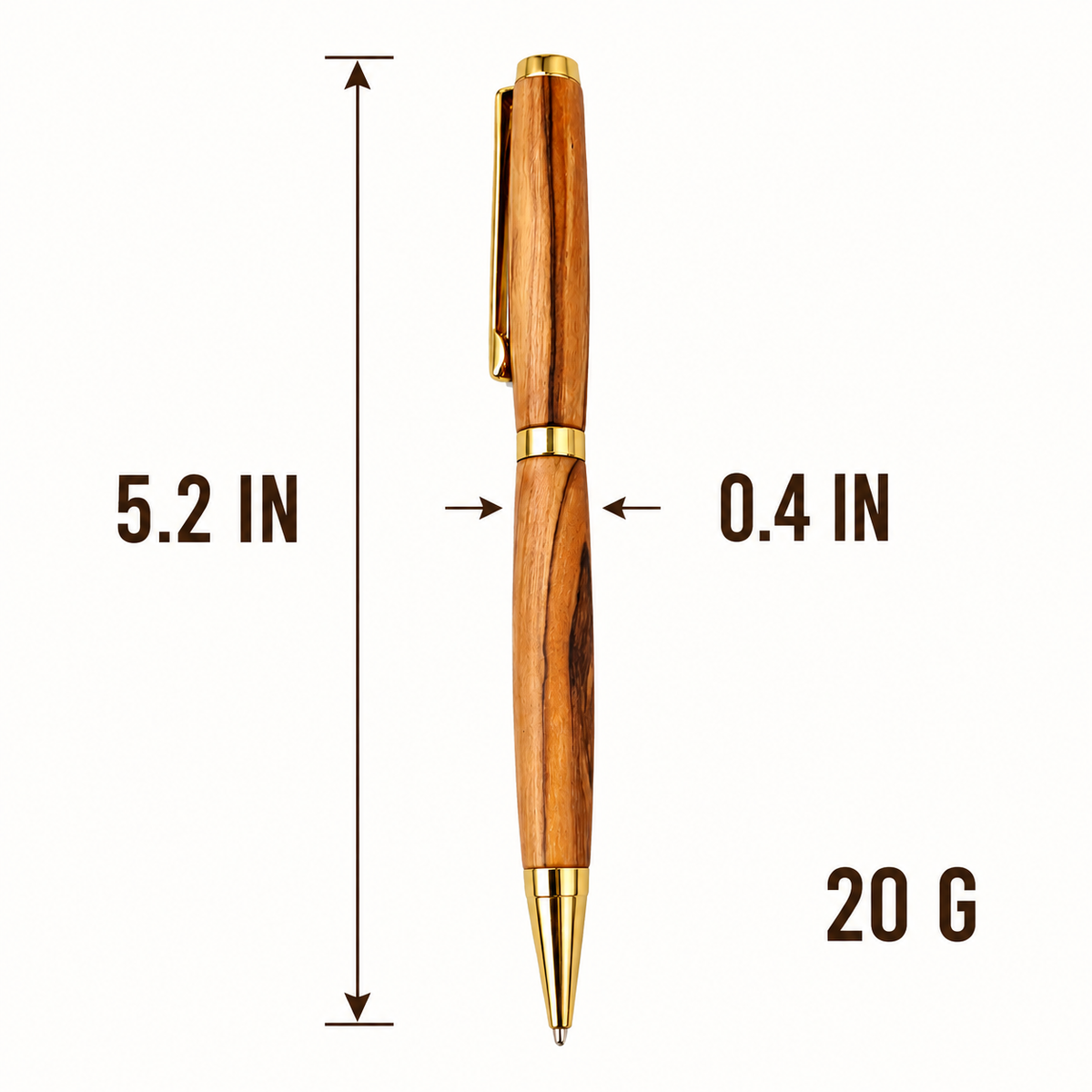 HLG601A olive wood pen dimensions 5.2 inches long 0.4 inch diameter 20 grams