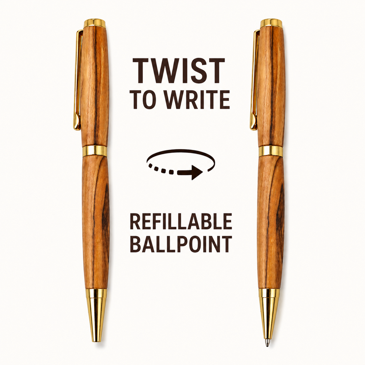 Refillable twist-action Bethlehem olive wood ballpoint pen with extended and retracted tip