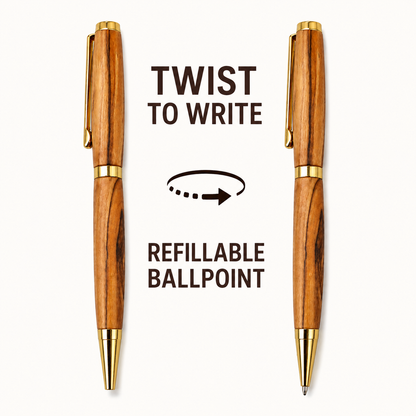 Refillable twist-action Bethlehem olive wood ballpoint pen with extended and retracted tip