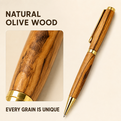 Natural olive wood grain detail on hand-turned Bethlehem ballpoint pen