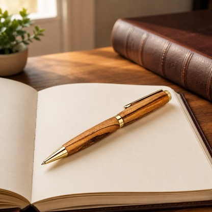 Bethlehem olive wood ballpoint pen on journal beside Bible