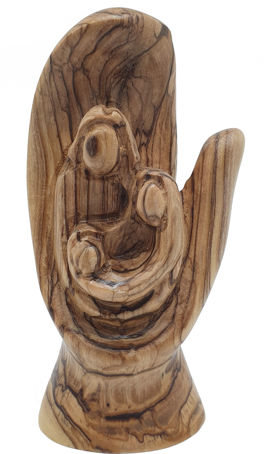 Holy Family Carved Olive Wood Figurine Hand of God Fatima Hand Decor 5.8 Inch