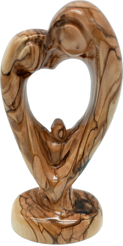 Hand Carved Olive Wood Holy Family Heart Sculpture Nativity Art 5.9 Inch