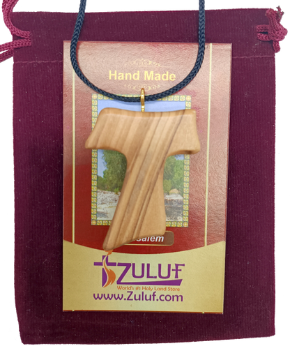 ✝️ Handcrafted Olive Wood Tau Cross Pendant Necklace – 1.8x1.7 Inches | Authentic Holy Land Gift from Zuluf