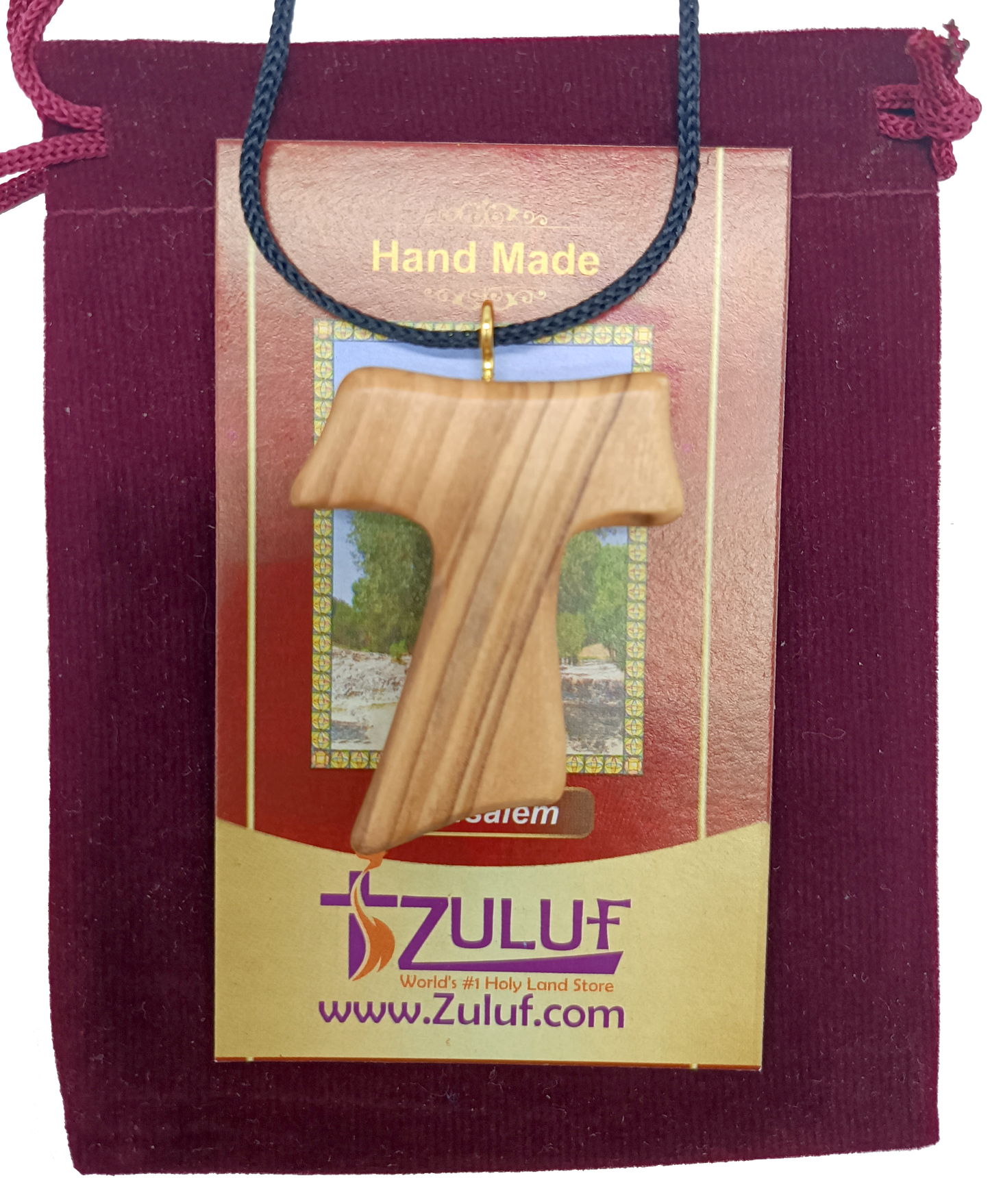 ✝️ Handcrafted Olive Wood Tau Cross Pendant Necklace – 1.8x1.7 Inches | Authentic Holy Land Gift from Zuluf
