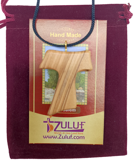 ✝️ Handcrafted Olive Wood Tau Cross Pendant Necklace – 1.8x1.7 Inches | Authentic Holy Land Gift from Zuluf