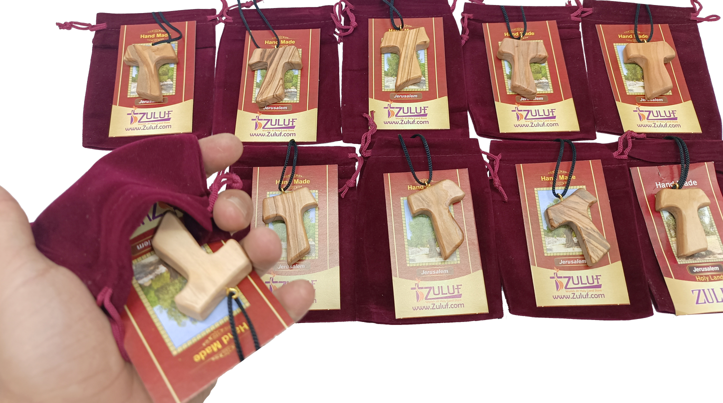 ✝️ Handcrafted Olive Wood Tau Cross Pendant Necklace – 1.8x1.7 Inches | Authentic Holy Land Gift from Zuluf