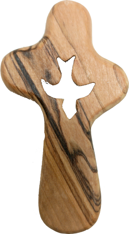 🕊️ Handcrafted Olive Wood Comfort Cross with Dove Cut-Out – Made in Bethlehem | Comes with Gift Bag & Certificate | Zuluf Holy Land Gift