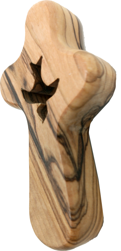 🕊️ Handcrafted Olive Wood Comfort Cross with Dove Cut-Out – Made in Bethlehem | Comes with Gift Bag & Certificate | Zuluf Holy Land Gift