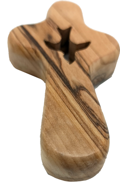 🕊️ Handcrafted Olive Wood Comfort Cross with Dove Cut-Out – Made in Bethlehem | Comes with Gift Bag & Certificate | Zuluf Holy Land Gift