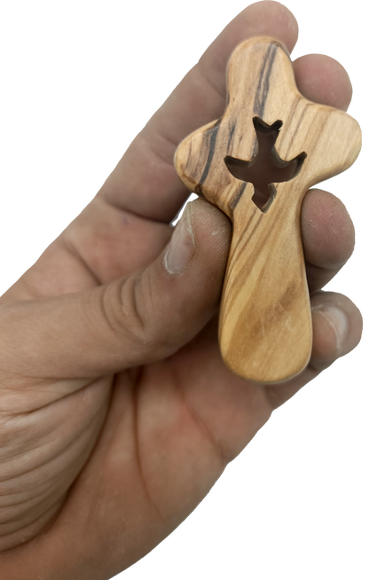 🕊️ Handcrafted Olive Wood Comfort Cross with Dove Cut-Out – Made in Bethlehem | Comes with Gift Bag & Certificate | Zuluf Holy Land Gift