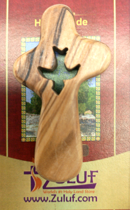 🕊️ Handcrafted Olive Wood Comfort Cross with Dove Cut-Out – Made in Bethlehem | Comes with Gift Bag & Certificate | Zuluf Holy Land Gift