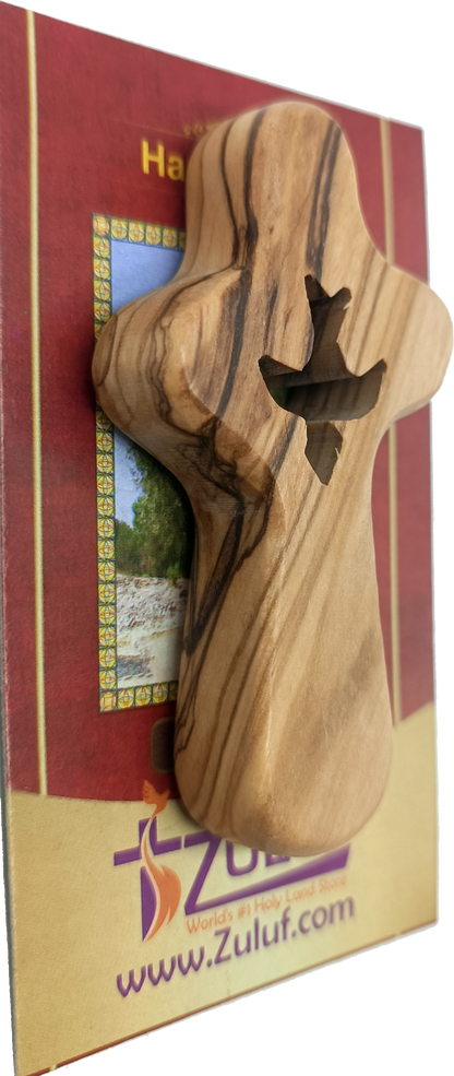 🕊️ Handcrafted Olive Wood Comfort Cross with Dove Cut-Out – Made in Bethlehem | Comes with Gift Bag & Certificate | Zuluf Holy Land Gift