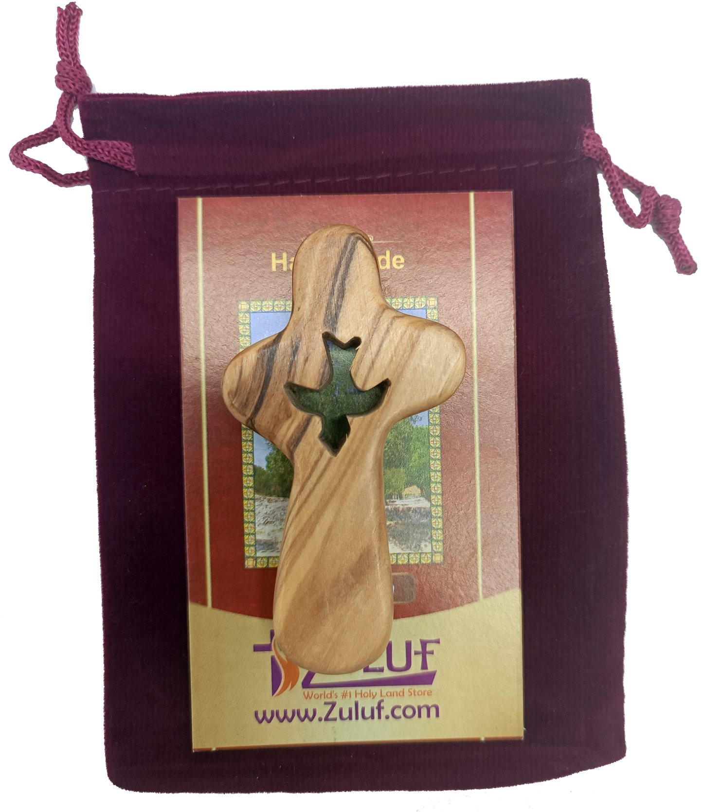 🕊️ Handcrafted Olive Wood Comfort Cross with Dove Cut-Out – Made in Bethlehem | Comes with Gift Bag & Certificate | Zuluf Holy Land Gift