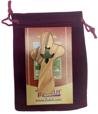 🕊️ Handcrafted Olive Wood Comfort Cross with Dove Cut-Out – Made in Bethlehem | Comes with Gift Bag & Certificate | Zuluf Holy Land Gift