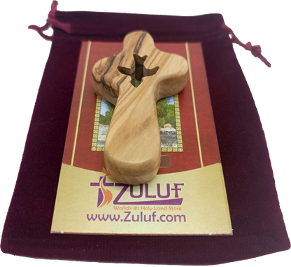 🕊️ Handcrafted Olive Wood Comfort Cross with Dove Cut-Out – Made in Bethlehem | Comes with Gift Bag & Certificate | Zuluf Holy Land Gift