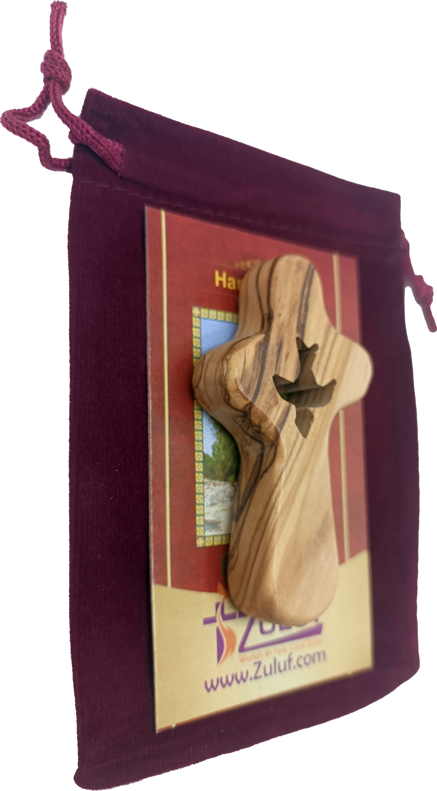🕊️ Handcrafted Olive Wood Comfort Cross with Dove Cut-Out – Made in Bethlehem | Comes with Gift Bag & Certificate | Zuluf Holy Land Gift