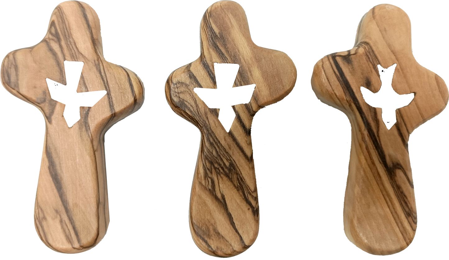 🕊️ Handcrafted Olive Wood Comfort Cross with Dove Cut-Out – Made in Bethlehem | Comes with Gift Bag & Certificate | Zuluf Holy Land Gift