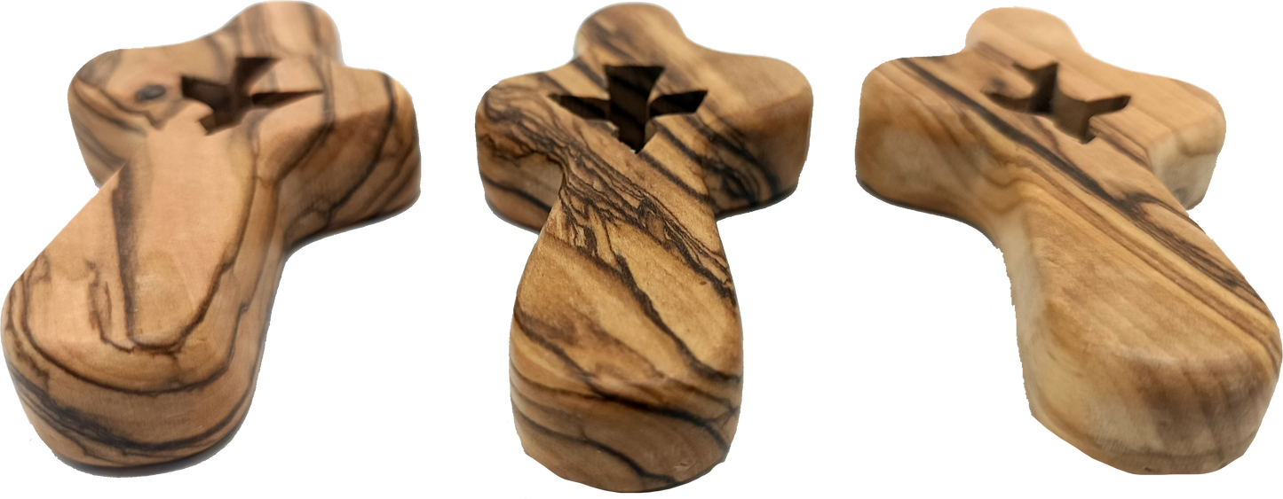 🕊️ Handcrafted Olive Wood Comfort Cross with Dove Cut-Out – Made in Bethlehem | Comes with Gift Bag & Certificate | Zuluf Holy Land Gift