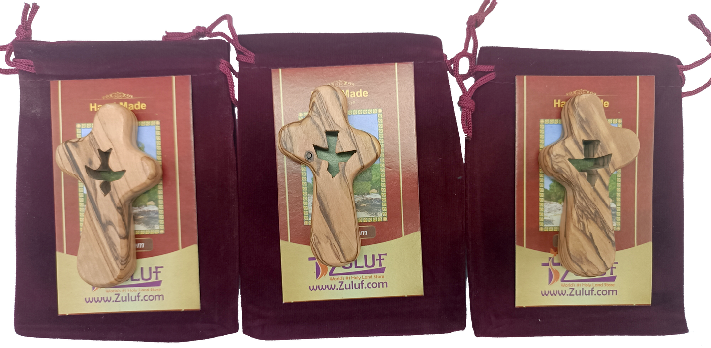 🕊️ Handcrafted Olive Wood Comfort Cross with Dove Cut-Out – Made in Bethlehem | Comes with Gift Bag & Certificate | Zuluf Holy Land Gift