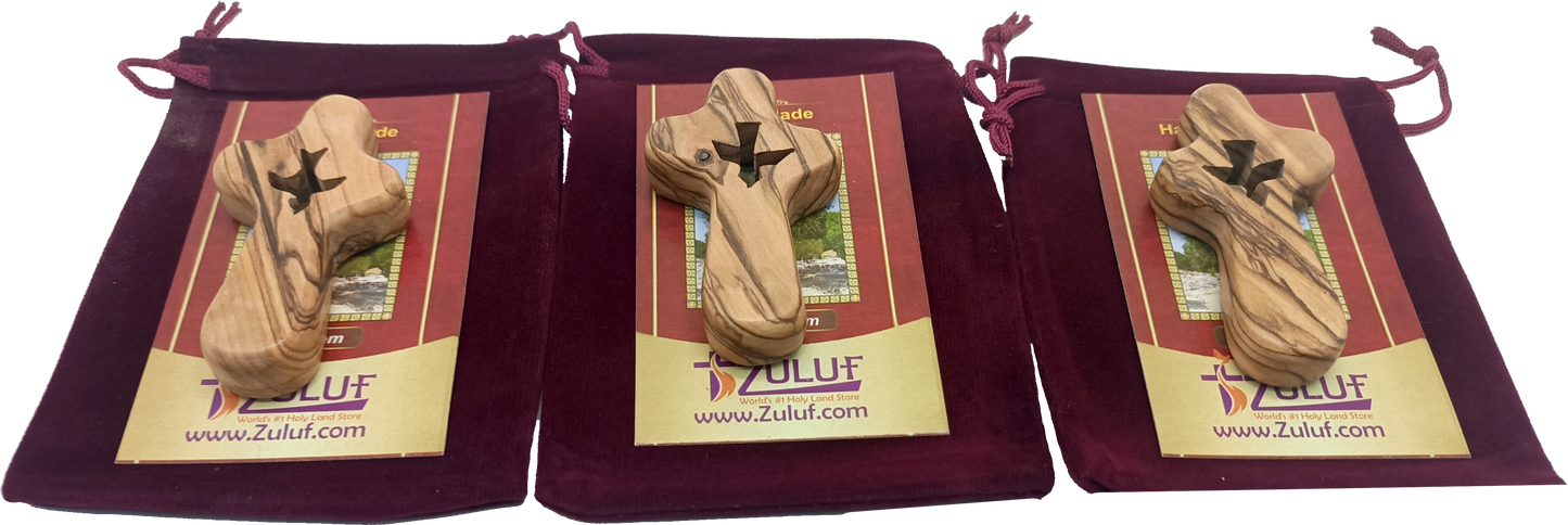 🕊️ Handcrafted Olive Wood Comfort Cross with Dove Cut-Out – Made in Bethlehem | Comes with Gift Bag & Certificate | Zuluf Holy Land Gift